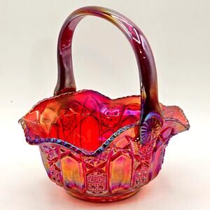 L.E. Smith Ruby Red Iridescent Quintec Carnival Glass Basket Amberina Vintage